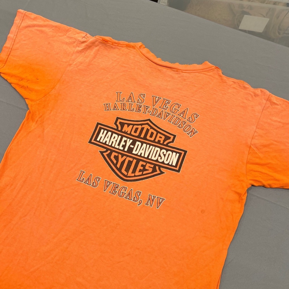 Vintage Harley Davidson Las Vegas NV Distressed Orange Pocket T-Shirt Large